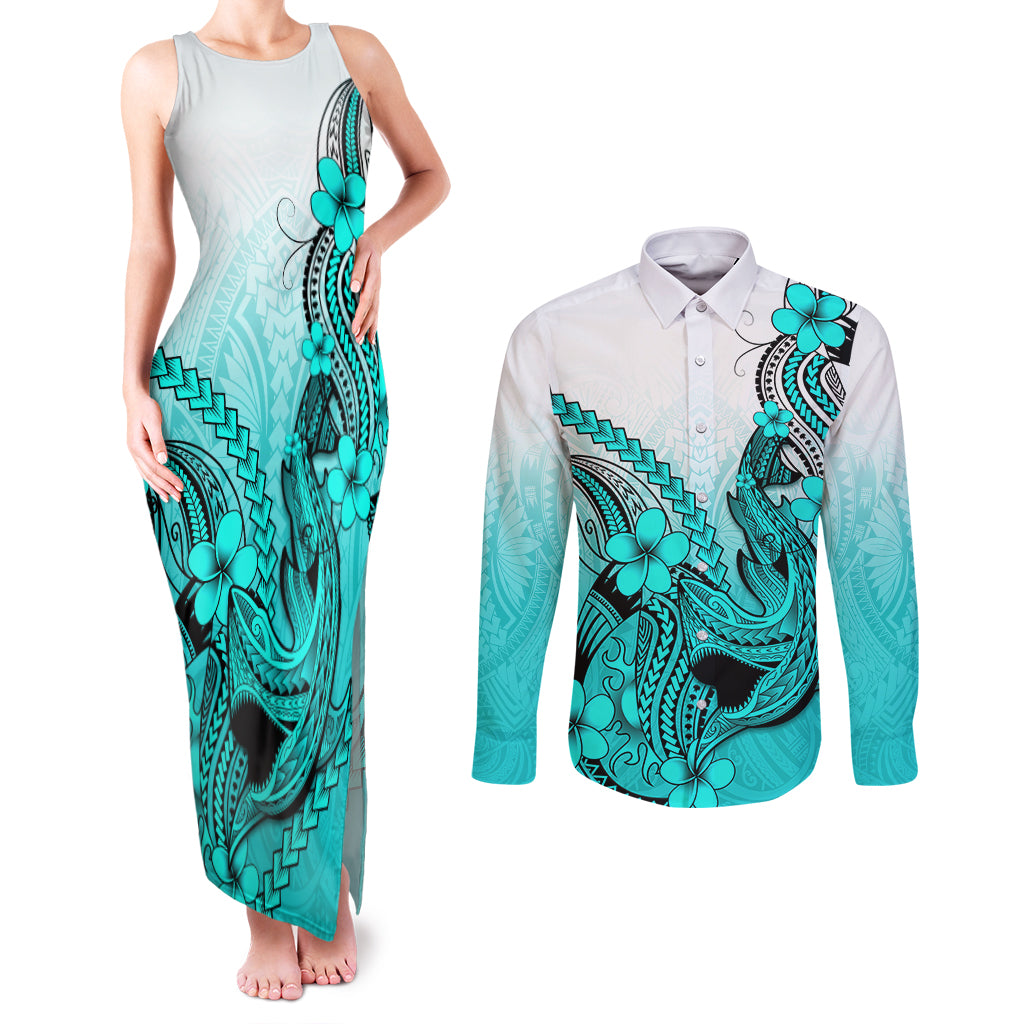 Hawaii Couples Matching Tank Maxi Dress and Long Sleeve Button Shirts Polynesian Shark Tattoo With Plumeria Turquoise Gradient - Wonder Print Shop