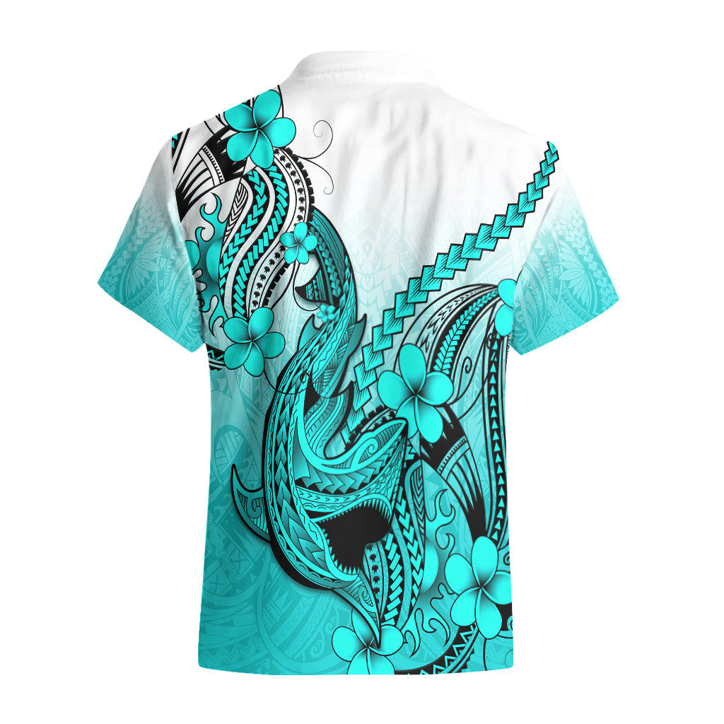 Hawaii Hawaiian Shirt Polynesian Shark Tattoo With Plumeria Turquoise Gradient - Wonder Print Shop