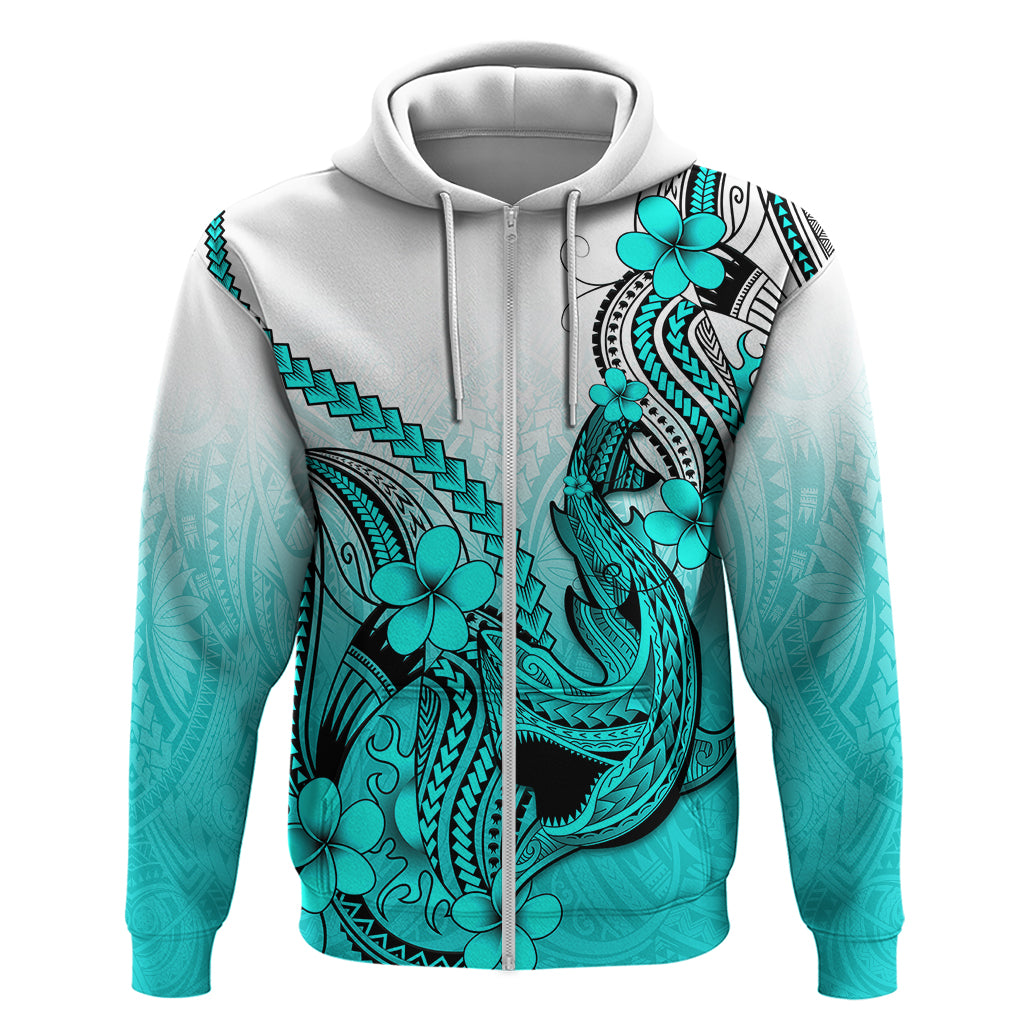 Hawaii Hoodie Polynesian Shark Tattoo With Plumeria Turquoise Gradient - Wonder Print Shop