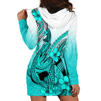 Hawaii Hoodie Dress Polynesian Shark Tattoo With Plumeria Turquoise Gradient - Wonder Print Shop