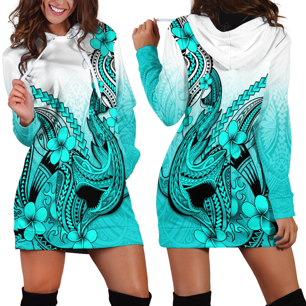 Hawaii Hoodie Dress Polynesian Shark Tattoo With Plumeria Turquoise Gradient - Wonder Print Shop