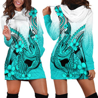 Hawaii Hoodie Dress Polynesian Shark Tattoo With Plumeria Turquoise Gradient - Wonder Print Shop