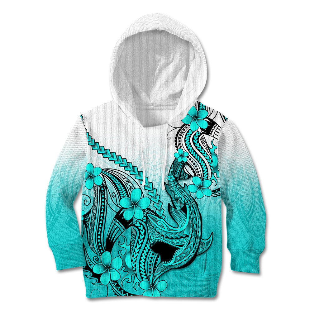 Hawaii Kid Hoodie Polynesian Shark Tattoo With Plumeria Turquoise Gradient - Wonder Print Shop