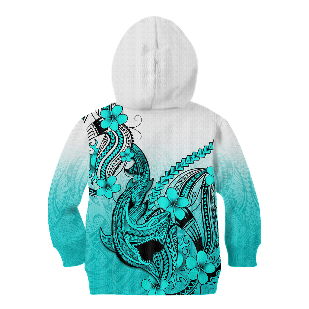 Hawaii Kid Hoodie Polynesian Shark Tattoo With Plumeria Turquoise Gradient - Wonder Print Shop