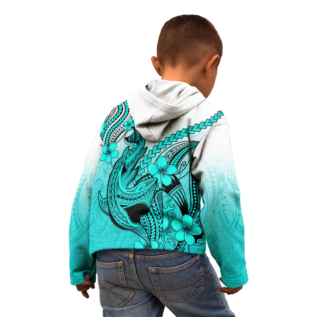 Hawaii Kid Hoodie Polynesian Shark Tattoo With Plumeria Turquoise Gradient - Wonder Print Shop