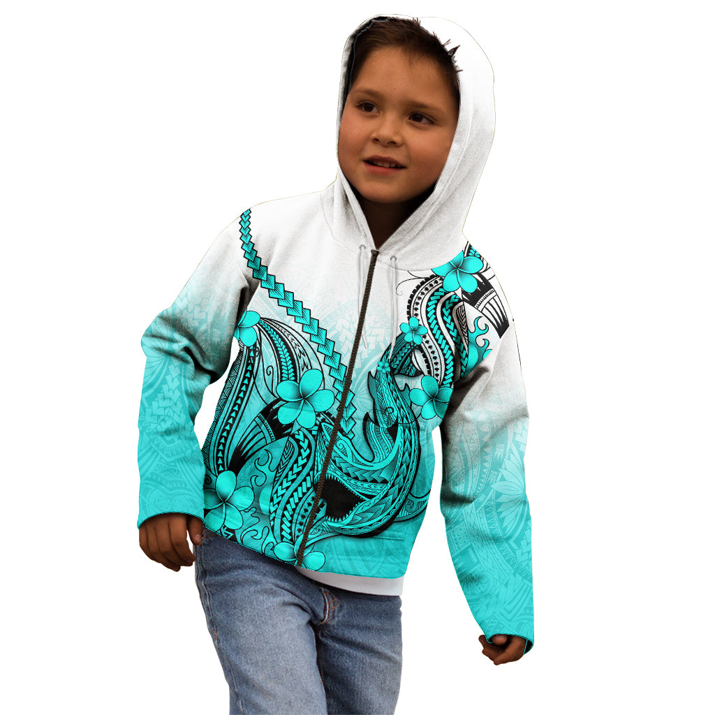 Hawaii Kid Hoodie Polynesian Shark Tattoo With Plumeria Turquoise Gradient - Wonder Print Shop