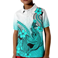 Hawaii Kid Polo Shirt Polynesian Shark Tattoo With Plumeria Turquoise Gradient - Wonder Print Shop