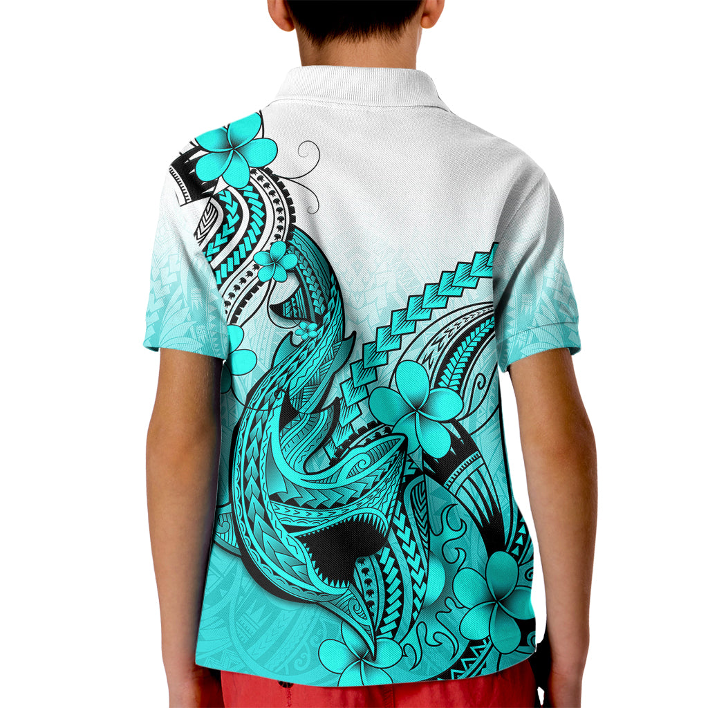 Hawaii Kid Polo Shirt Polynesian Shark Tattoo With Plumeria Turquoise Gradient - Wonder Print Shop