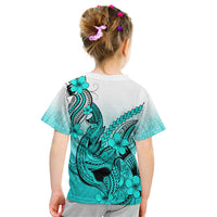 Hawaii Kid T Shirt Polynesian Shark Tattoo With Plumeria Turquoise Gradient - Wonder Print Shop
