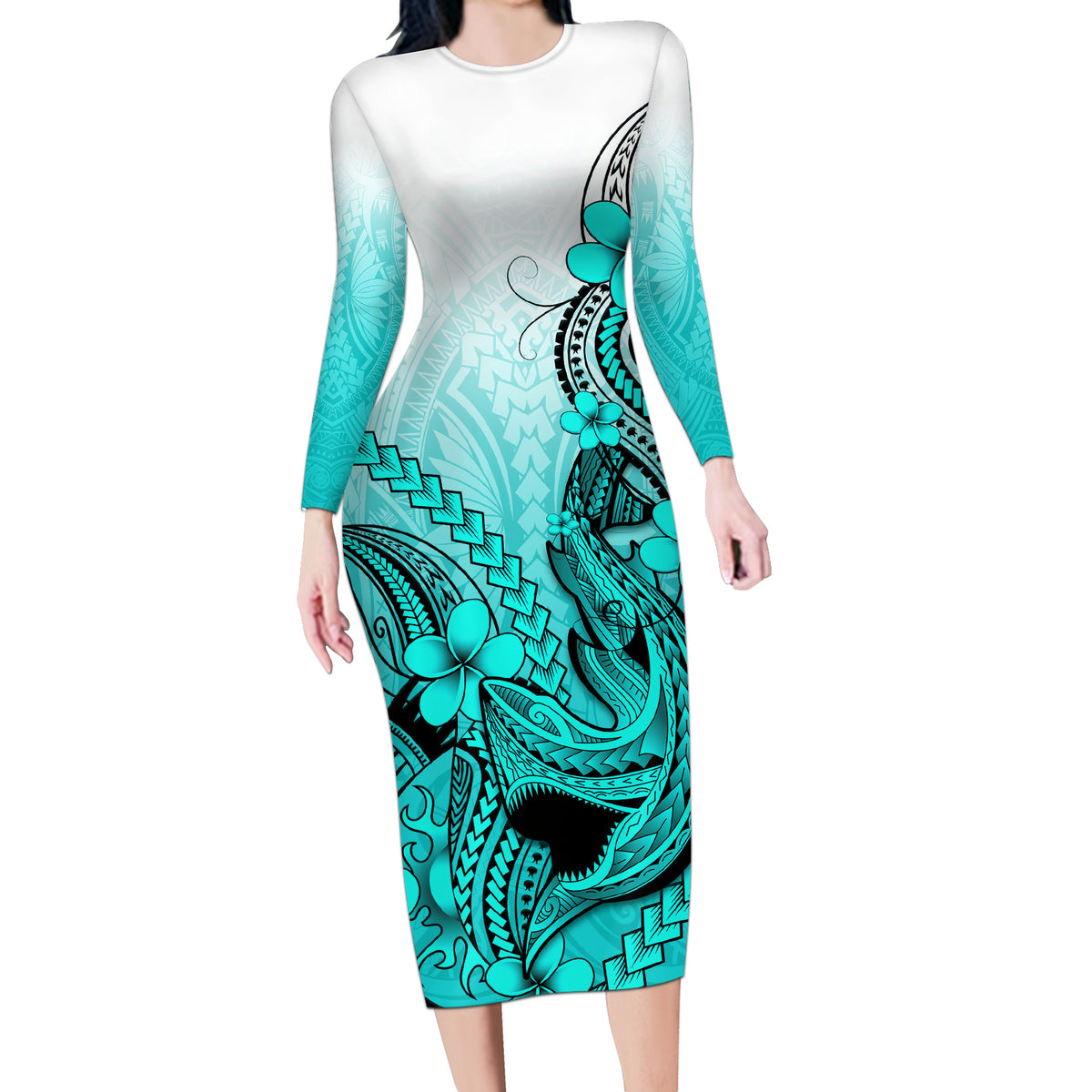 Hawaii Long Sleeve Bodycon Dress Polynesian Shark Tattoo With Plumeria Turquoise Gradient - Wonder Print Shop