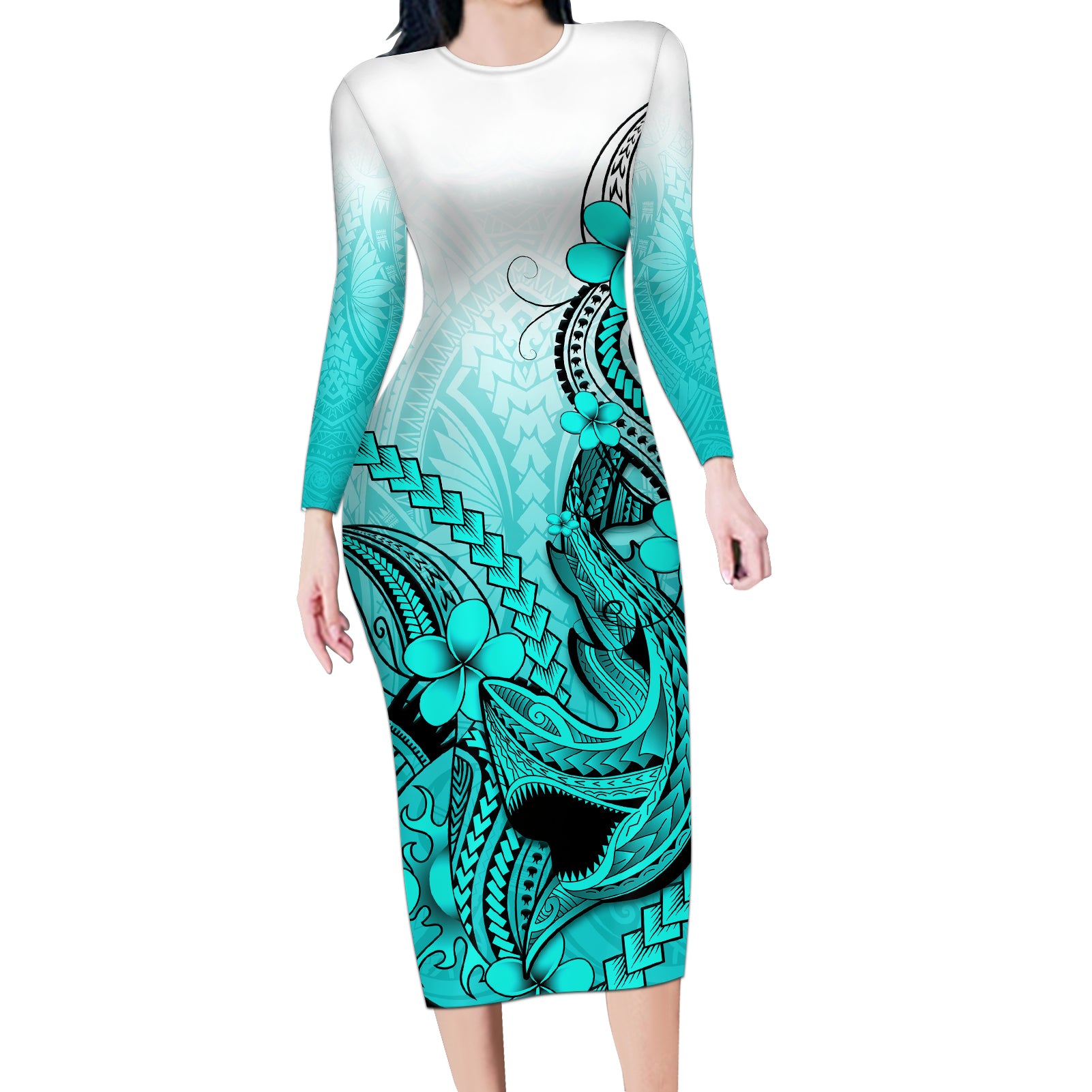 Hawaii Long Sleeve Bodycon Dress Polynesian Shark Tattoo With Plumeria Turquoise Gradient - Wonder Print Shop
