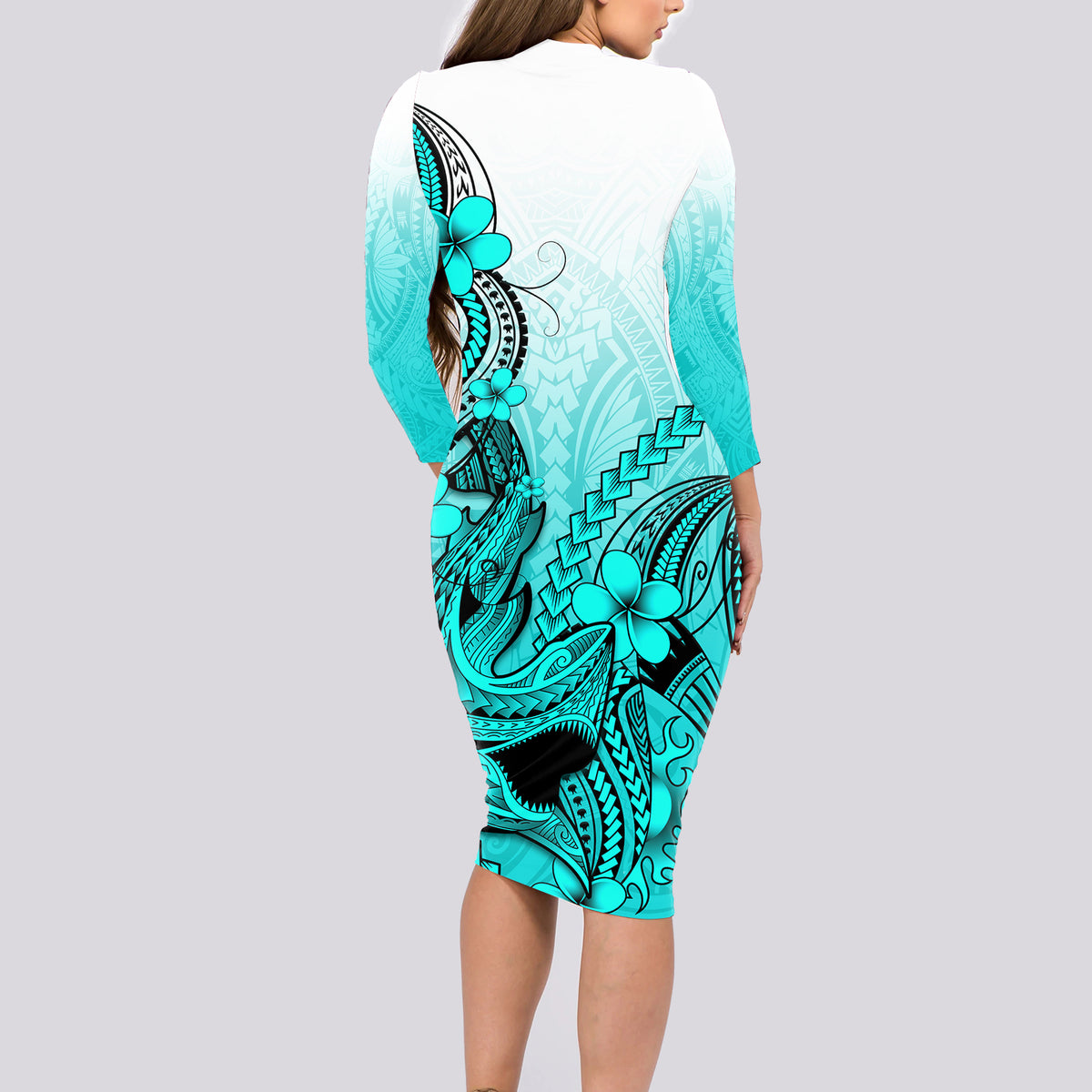 Hawaii Long Sleeve Bodycon Dress Polynesian Shark Tattoo With Plumeria Turquoise Gradient - Wonder Print Shop