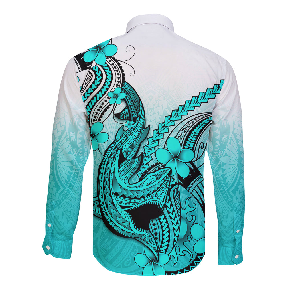 Hawaii Long Sleeve Button Shirt Polynesian Shark Tattoo With Plumeria Turquoise Gradient - Wonder Print Shop