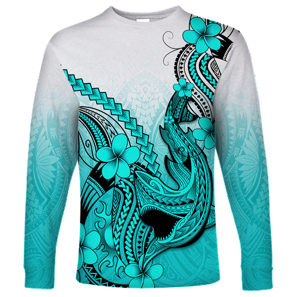 Hawaii Long Sleeve Shirt Polynesian Shark Tattoo With Plumeria Turquoise Gradient - Wonder Print Shop
