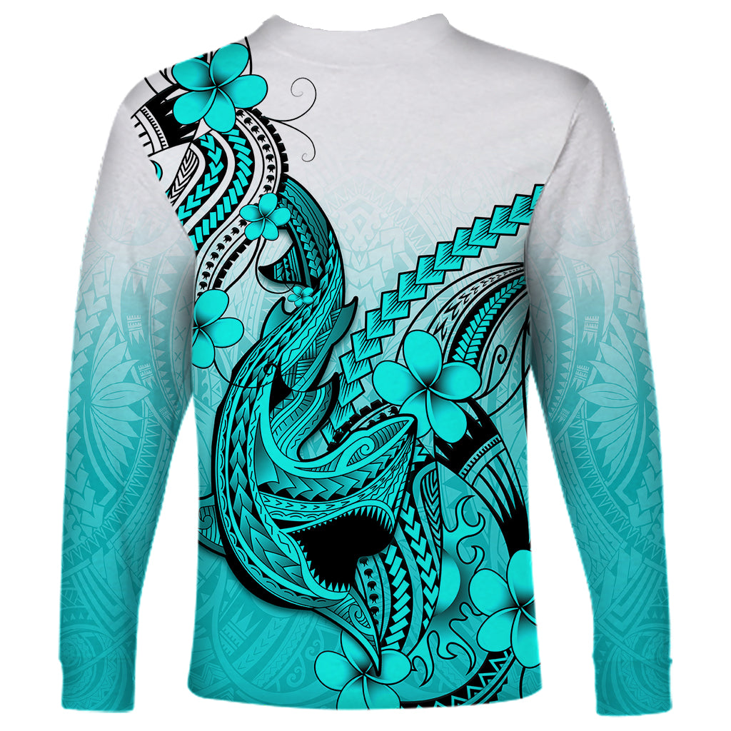 Hawaii Long Sleeve Shirt Polynesian Shark Tattoo With Plumeria Turquoise Gradient - Wonder Print Shop