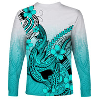 Hawaii Long Sleeve Shirt Polynesian Shark Tattoo With Plumeria Turquoise Gradient - Wonder Print Shop