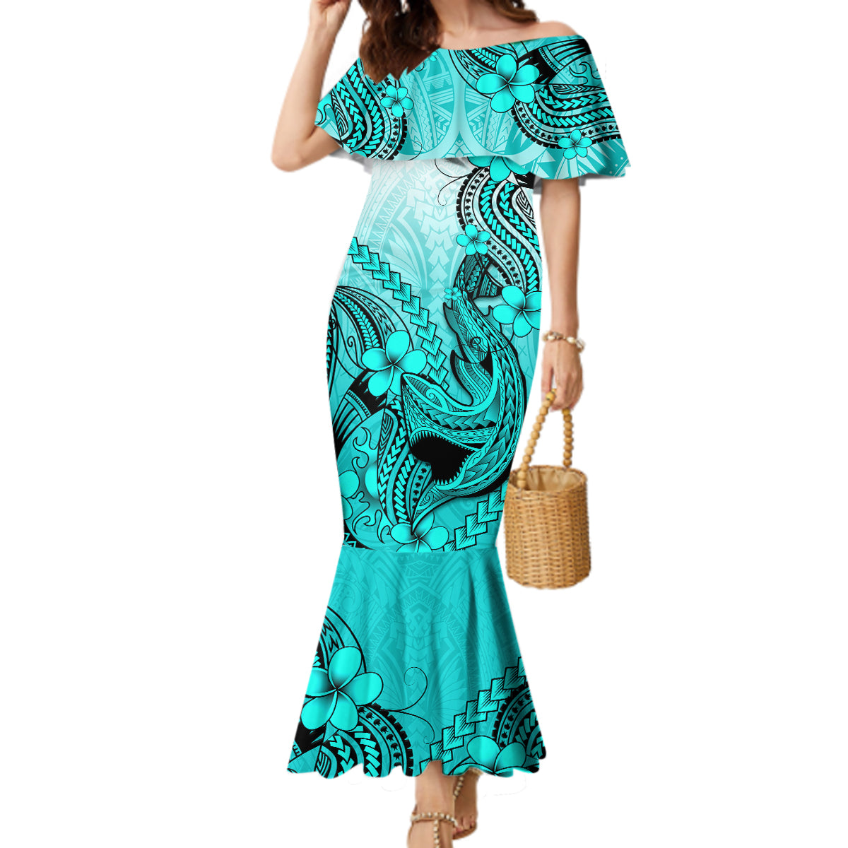 Hawaii Mermaid Dress Polynesian Shark Tattoo With Plumeria Turquoise Gradient - Wonder Print Shop