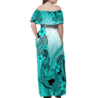 Hawaii Off Shoulder Maxi Dress Polynesian Shark Tattoo With Plumeria Turquoise Gradient - Wonder Print Shop