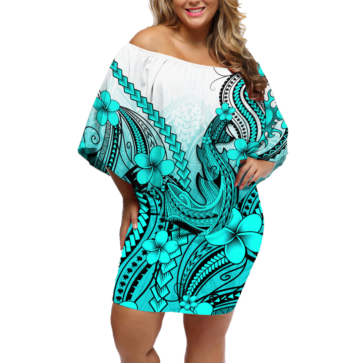 Hawaii Off Shoulder Short Dress Polynesian Shark Tattoo With Plumeria Turquoise Gradient - Wonder Print Shop