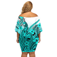 Hawaii Off Shoulder Short Dress Polynesian Shark Tattoo With Plumeria Turquoise Gradient - Wonder Print Shop