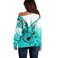 Hawaii Off Shoulder Sweater Polynesian Shark Tattoo With Plumeria Turquoise Gradient - Wonder Print Shop