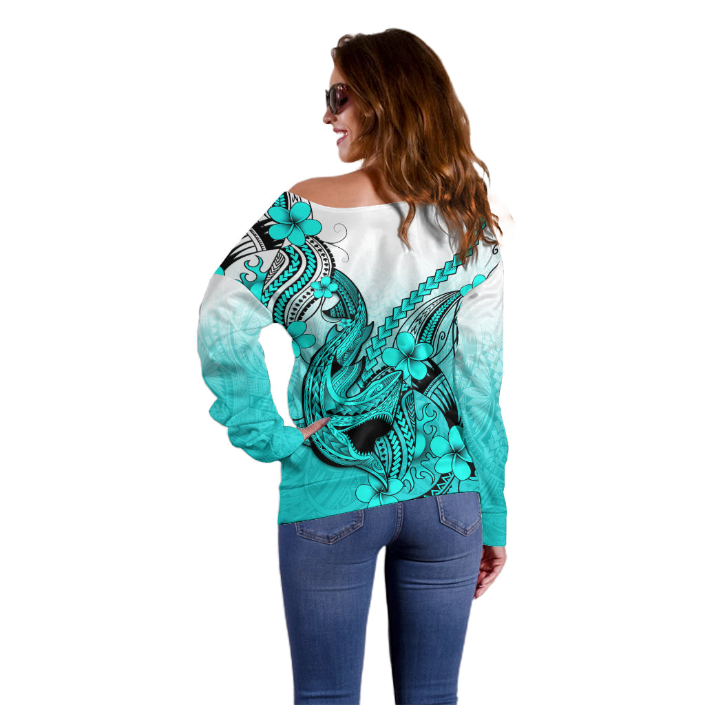 Hawaii Off Shoulder Sweater Polynesian Shark Tattoo With Plumeria Turquoise Gradient - Wonder Print Shop