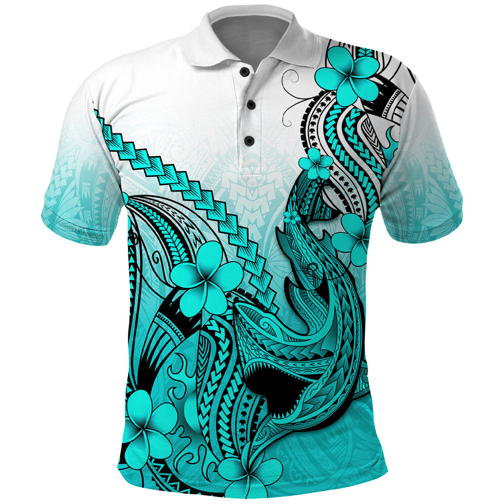 Hawaii Polo Shirt Polynesian Shark Tattoo With Plumeria Turquoise Gradient - Wonder Print Shop
