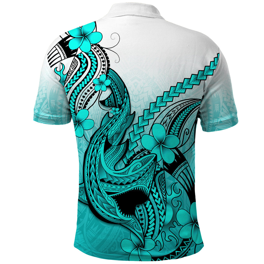 Hawaii Polo Shirt Polynesian Shark Tattoo With Plumeria Turquoise Gradient - Wonder Print Shop