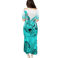 Hawaii Puletasi Polynesian Shark Tattoo With Plumeria Turquoise Gradient - Wonder Print Shop