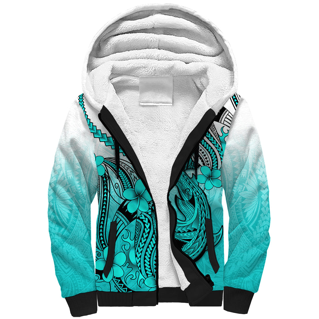 Hawaii Sherpa Hoodie Polynesian Shark Tattoo With Plumeria Turquoise Gradient - Wonder Print Shop