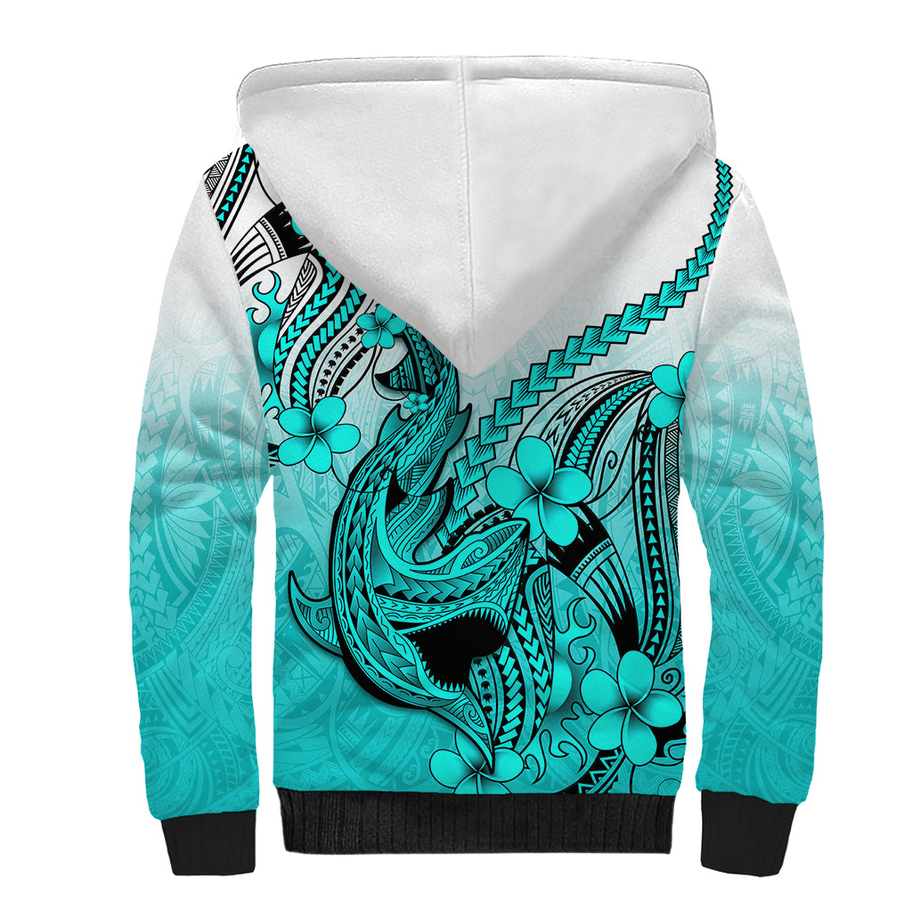 Hawaii Sherpa Hoodie Polynesian Shark Tattoo With Plumeria Turquoise Gradient - Wonder Print Shop