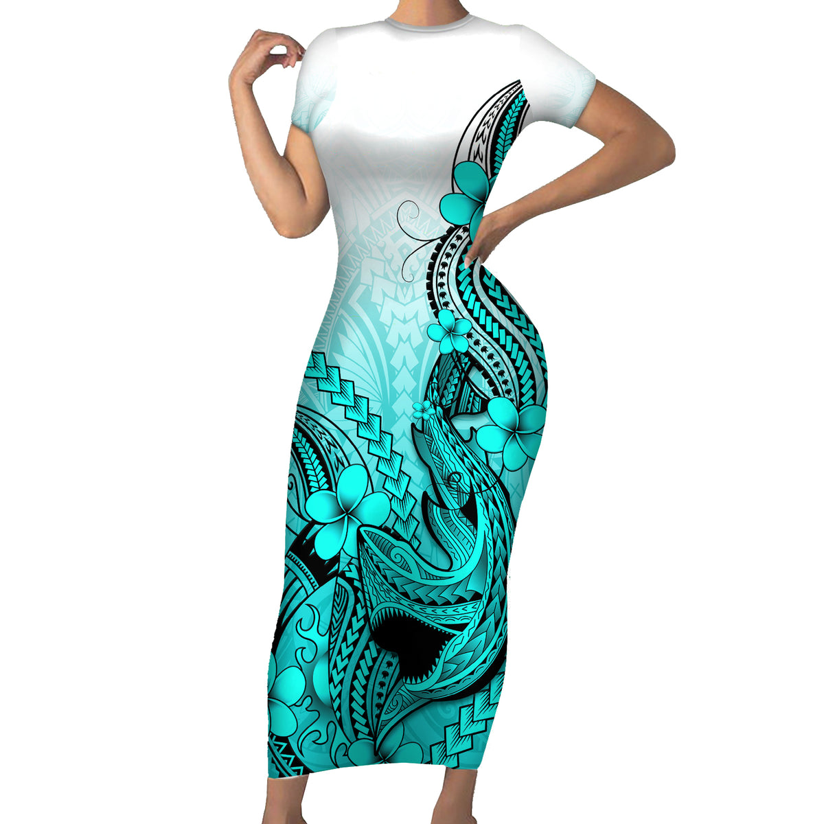 Hawaii Short Sleeve Bodycon Dress Polynesian Shark Tattoo With Plumeria Turquoise Gradient - Wonder Print Shop