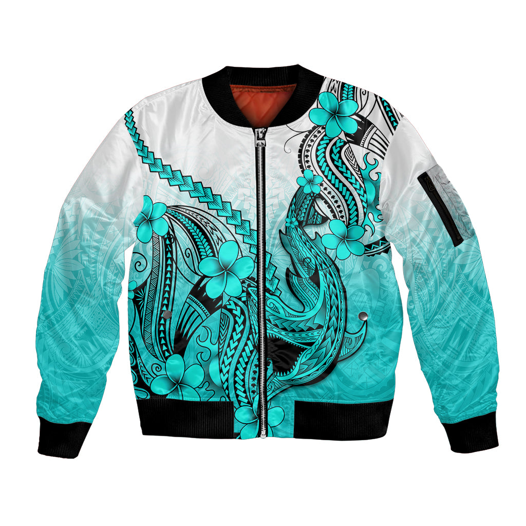 Hawaii Sleeve Zip Bomber Jacket Polynesian Shark Tattoo With Plumeria Turquoise Gradient - Wonder Print Shop