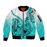 Hawaii Sleeve Zip Bomber Jacket Polynesian Shark Tattoo With Plumeria Turquoise Gradient - Wonder Print Shop