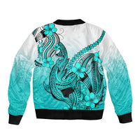 Hawaii Sleeve Zip Bomber Jacket Polynesian Shark Tattoo With Plumeria Turquoise Gradient - Wonder Print Shop