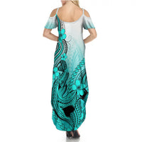 Hawaii Summer Maxi Dress Polynesian Shark Tattoo With Plumeria Turquoise Gradient - Wonder Print Shop