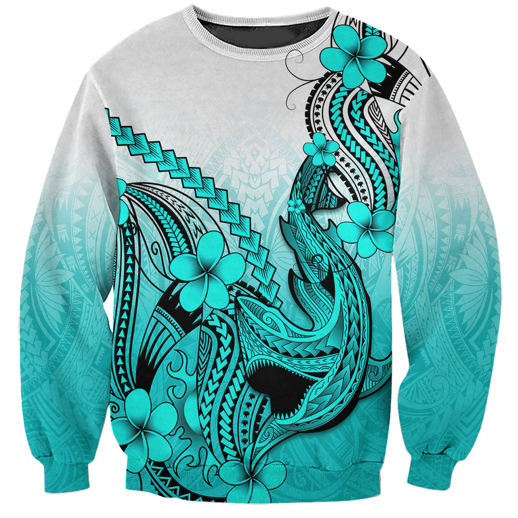 Hawaii Sweatshirt Polynesian Shark Tattoo With Plumeria Turquoise Gradient - Wonder Print Shop