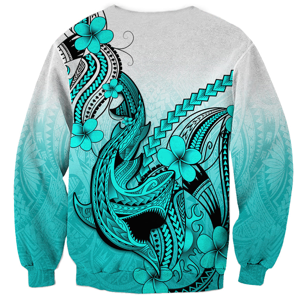 Hawaii Sweatshirt Polynesian Shark Tattoo With Plumeria Turquoise Gradient - Wonder Print Shop