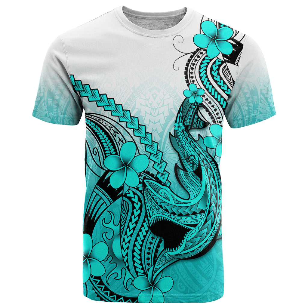 Hawaii T Shirt Polynesian Shark Tattoo With Plumeria Turquoise Gradient - Wonder Print Shop