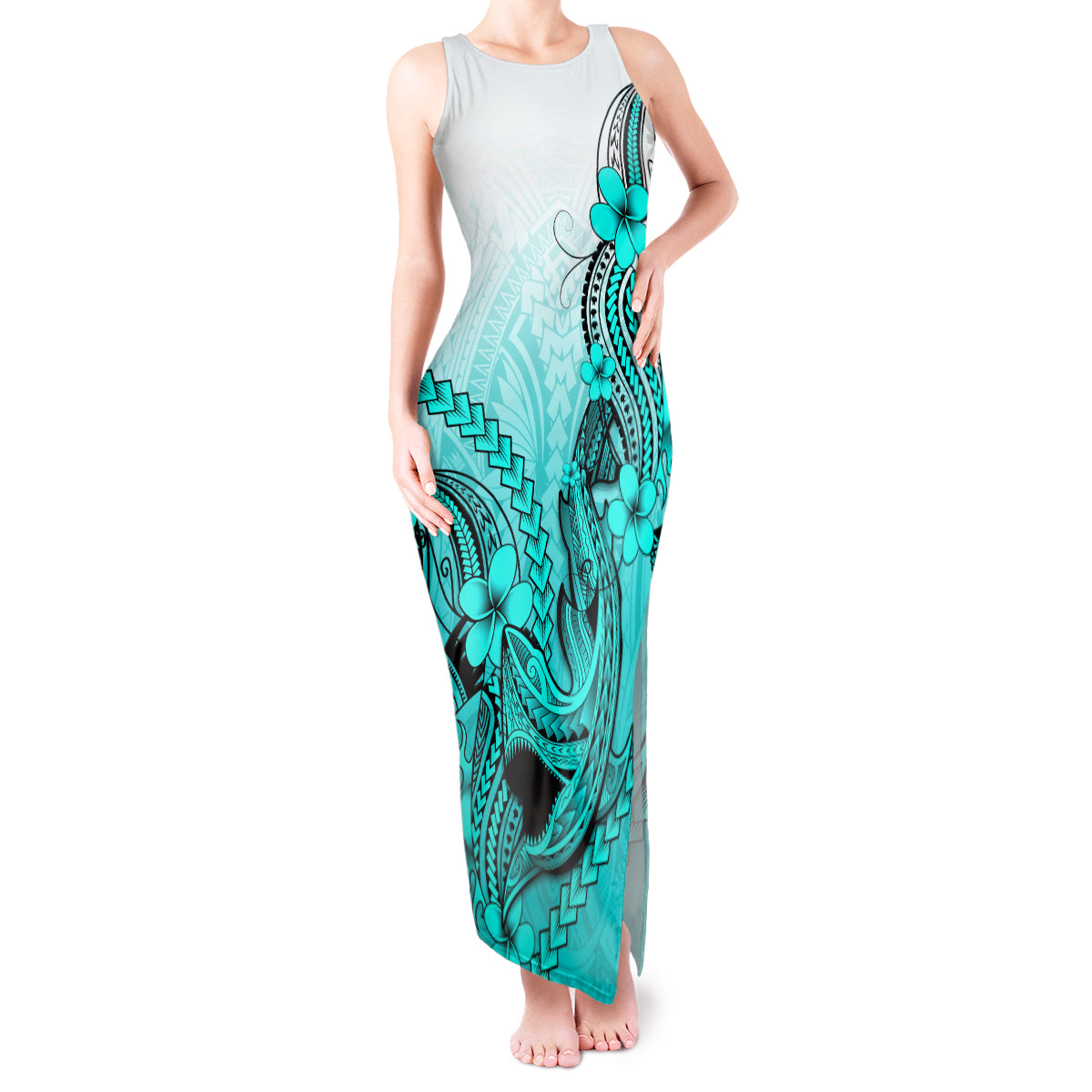 Hawaii Tank Maxi Dress Polynesian Shark Tattoo With Plumeria Turquoise Gradient - Wonder Print Shop