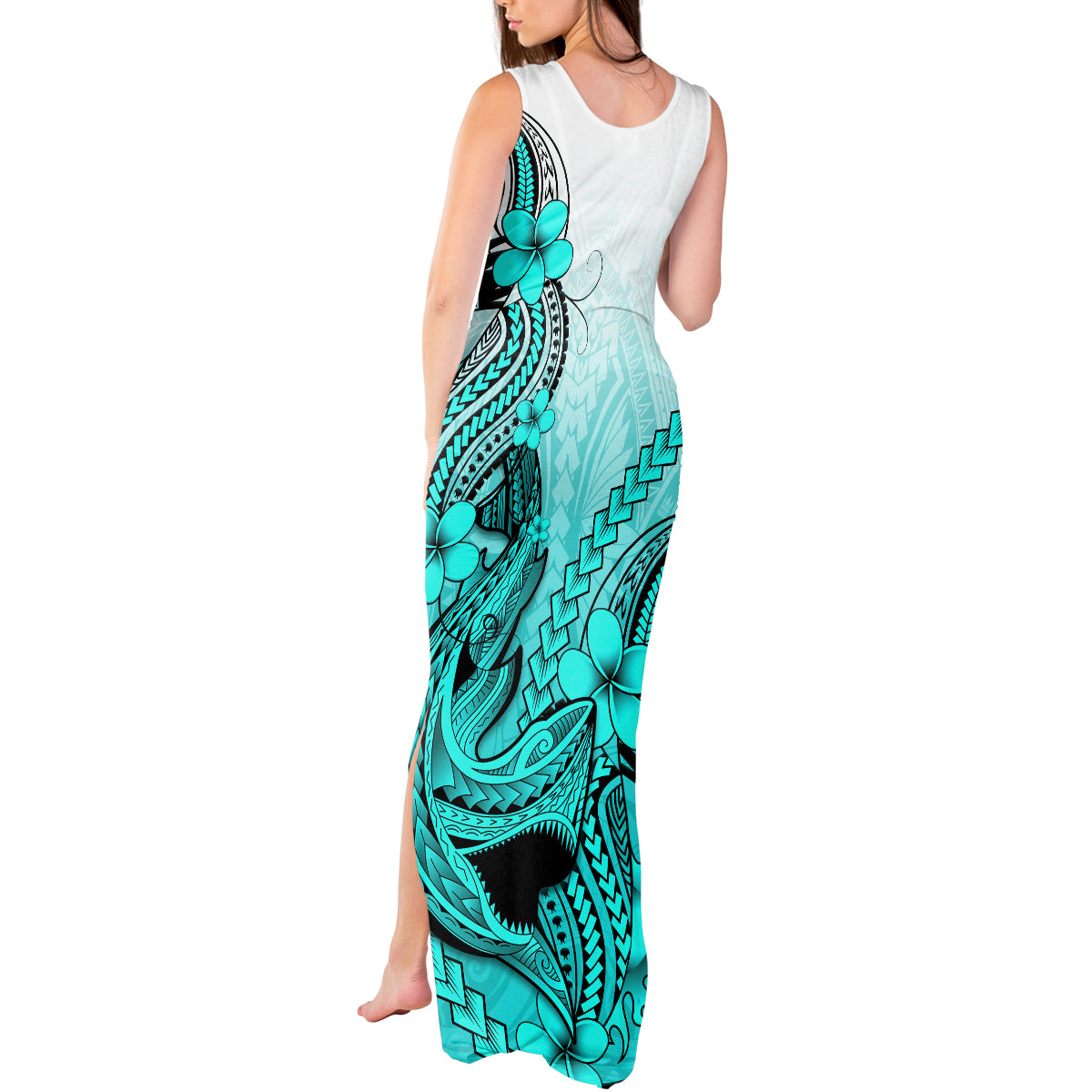 Hawaii Tank Maxi Dress Polynesian Shark Tattoo With Plumeria Turquoise Gradient - Wonder Print Shop