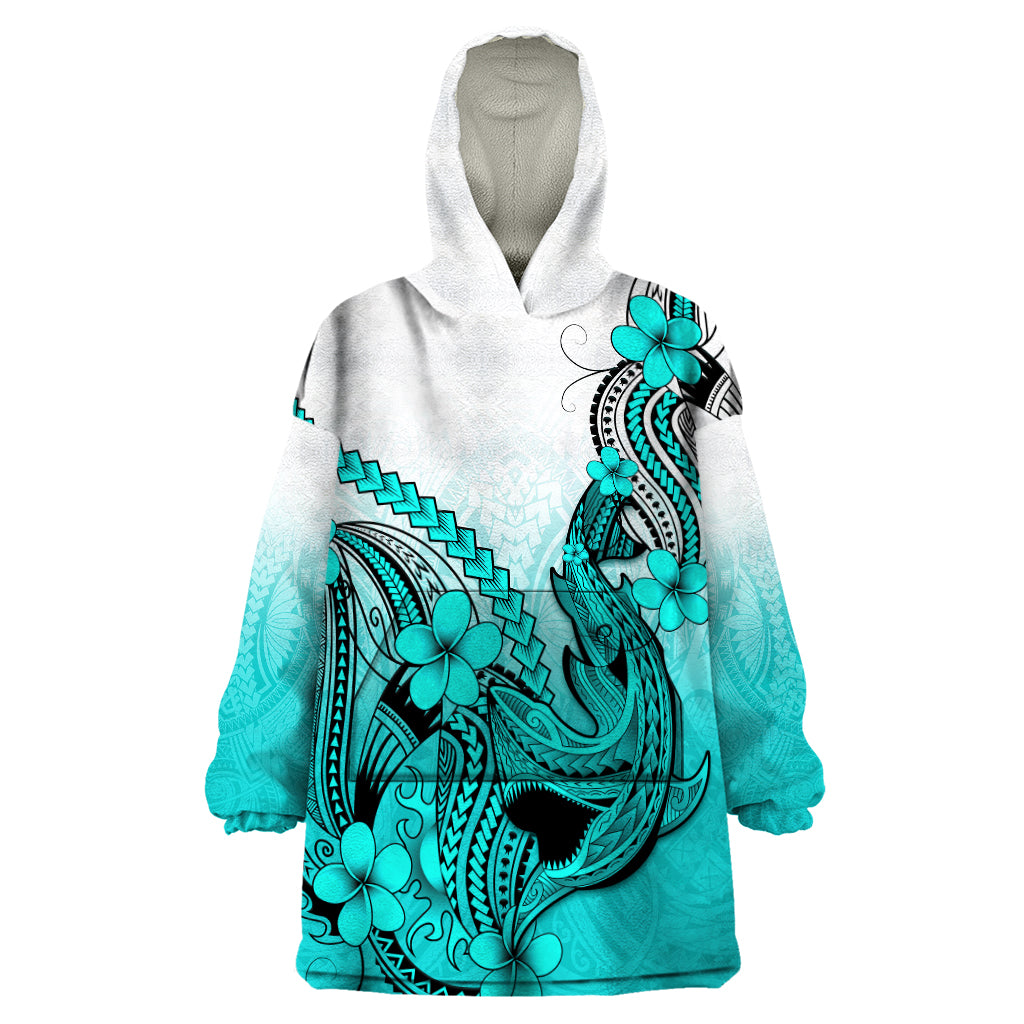 Hawaii Wearable Blanket Hoodie Polynesian Shark Tattoo With Plumeria Turquoise Gradient - Wonder Print Shop