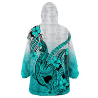 Hawaii Wearable Blanket Hoodie Polynesian Shark Tattoo With Plumeria Turquoise Gradient - Wonder Print Shop