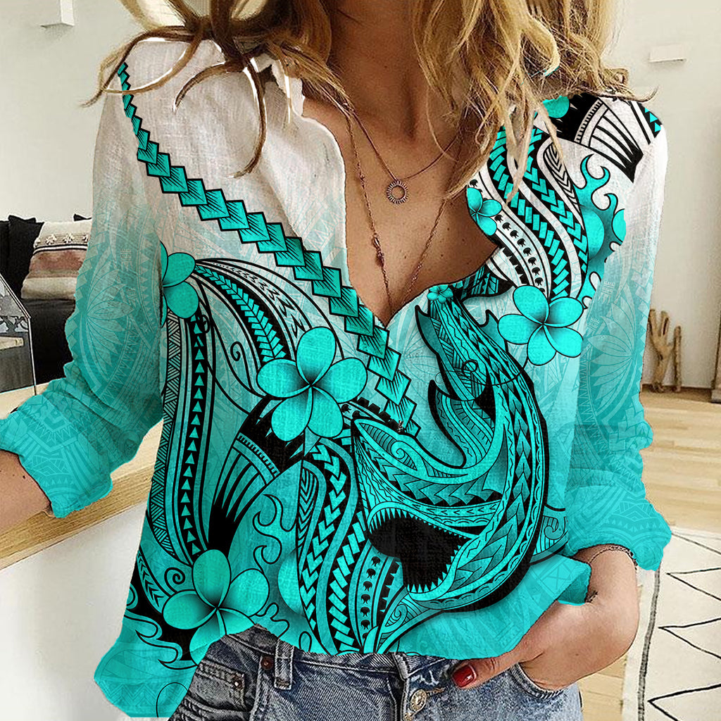 Hawaii Women Casual Shirt Polynesian Shark Tattoo With Plumeria Turquoise Gradient - Wonder Print Shop
