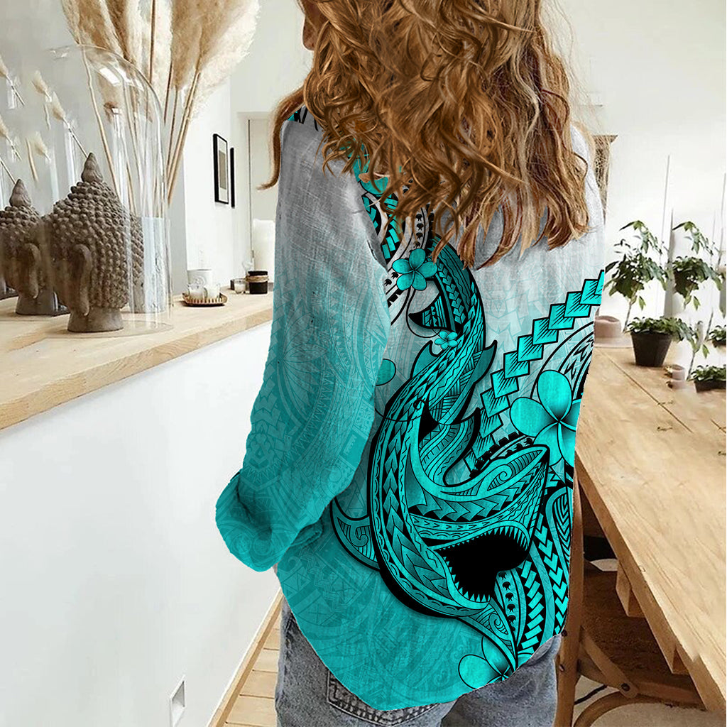 Hawaii Women Casual Shirt Polynesian Shark Tattoo With Plumeria Turquoise Gradient - Wonder Print Shop