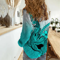 Hawaii Women Casual Shirt Polynesian Shark Tattoo With Plumeria Turquoise Gradient - Wonder Print Shop