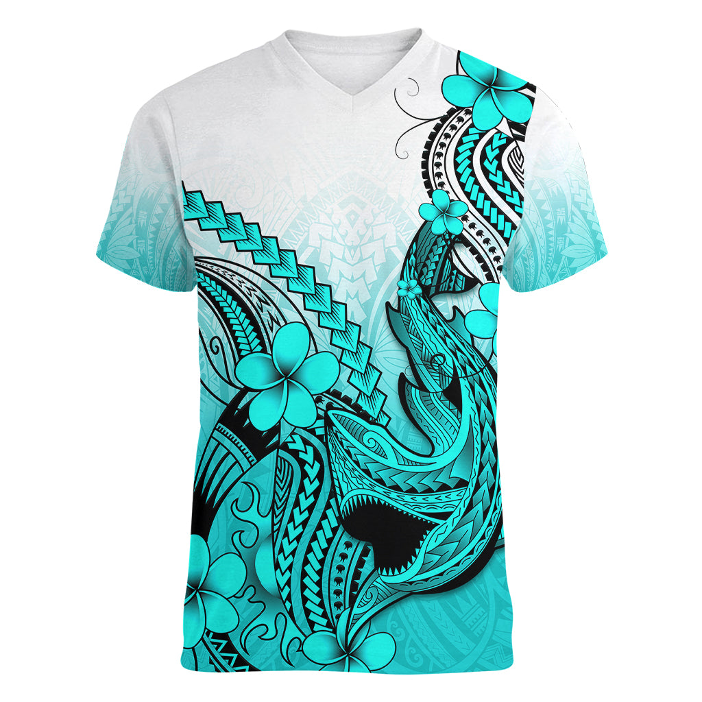 Hawaii Women V Neck T Shirt Polynesian Shark Tattoo With Plumeria Turquoise Gradient - Wonder Print Shop