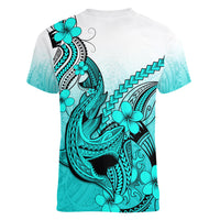Hawaii Women V Neck T Shirt Polynesian Shark Tattoo With Plumeria Turquoise Gradient - Wonder Print Shop
