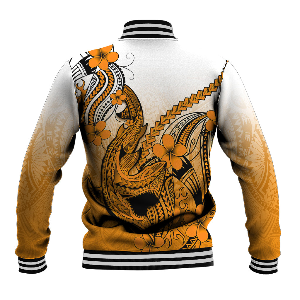 Hawaii Baseball Jacket Polynesian Shark Tattoo With Plumeria Orange Gradient - Wonder Print Shop