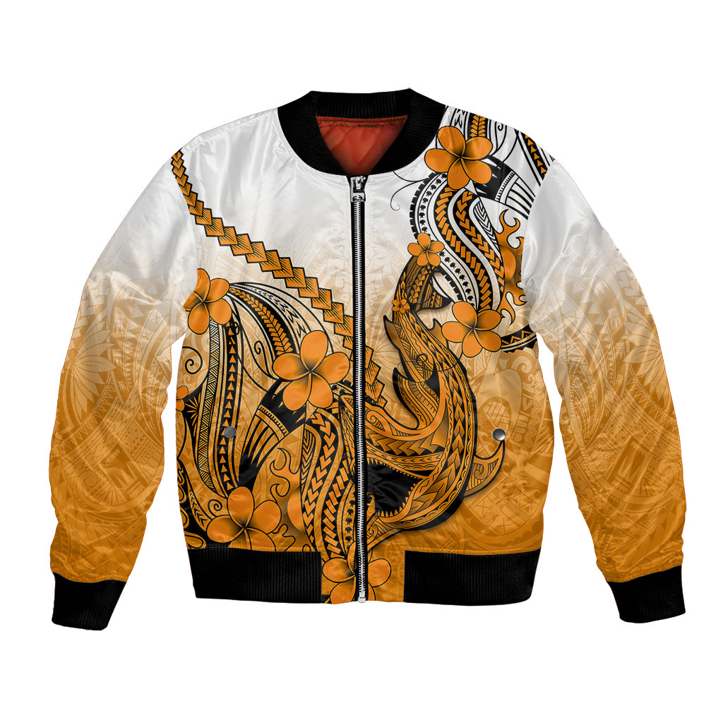 Hawaii Bomber Jacket Polynesian Shark Tattoo With Plumeria Orange Gradient - Wonder Print Shop